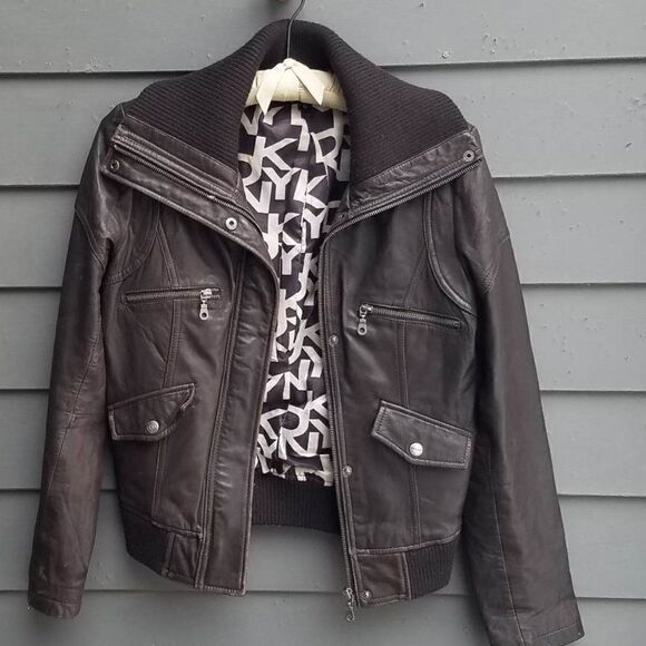 DKNY Brown Leather Bomber Jacket size Small - Picture 1 of 11
